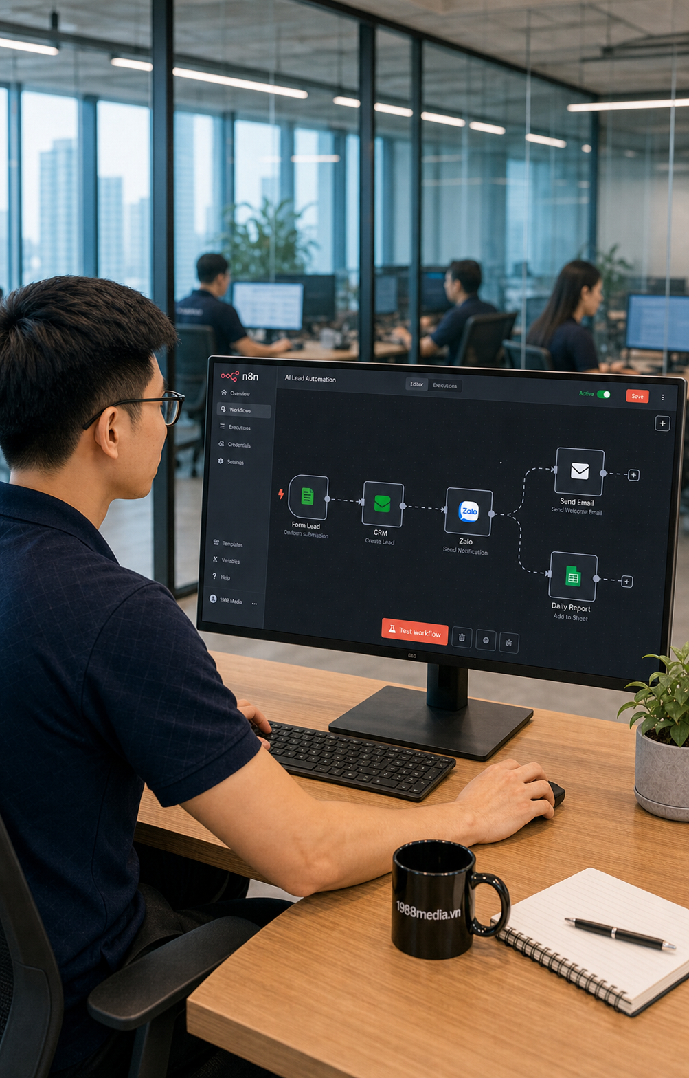 Quy trình tự động hóa lead từ Facebook/Zalo/Website về CRM bằng n8n 9 Sơ đồ workflow n8n tự động hóa lead